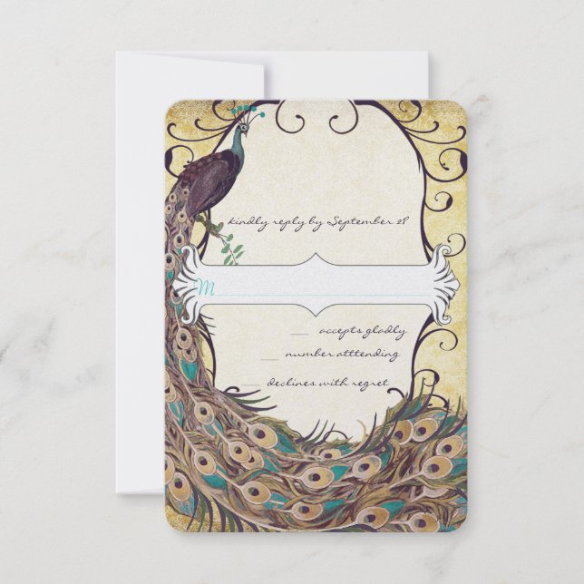 Damask Peacock Elegance Eggplant Gold and Aqua RSVP Card (Front)