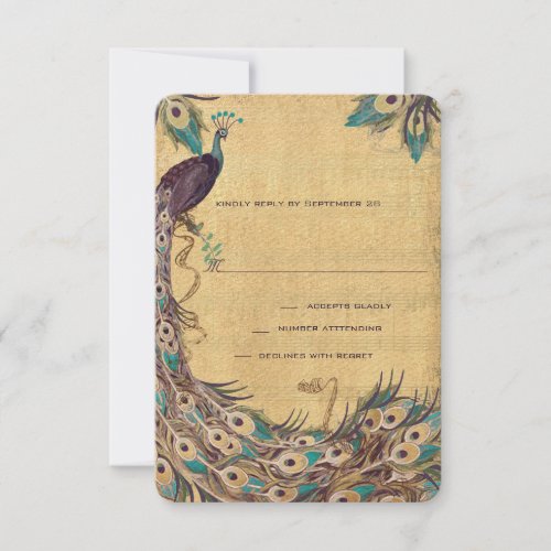 Damask Peacock Elegance Eggplant Gold and Aqua RSVP Card