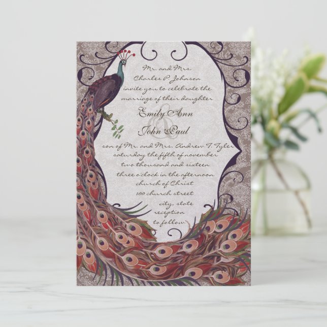Damask Peacock Elegance Eggplant Red and Teal Invitation (Standing Front)