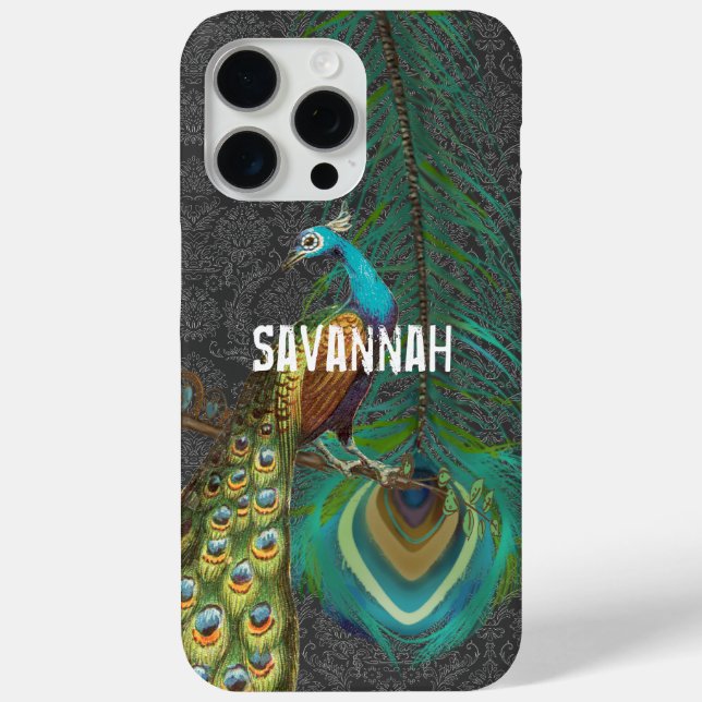 Damask Peacock Feather Your Name or Quote Case-Mate iPhone Case (Back)