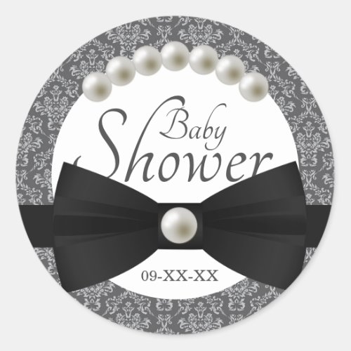 Damask Pearls and Bow Tie Baby Shower Favor Classic Round Sticker