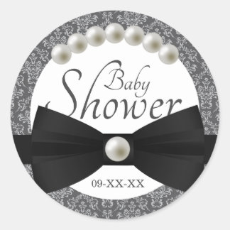 Damask Pearls and Bow Tie Baby Shower Favor Classic Round Sticker