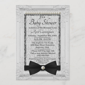Damask Pearls and Bow Tie Baby Shower Invitation
