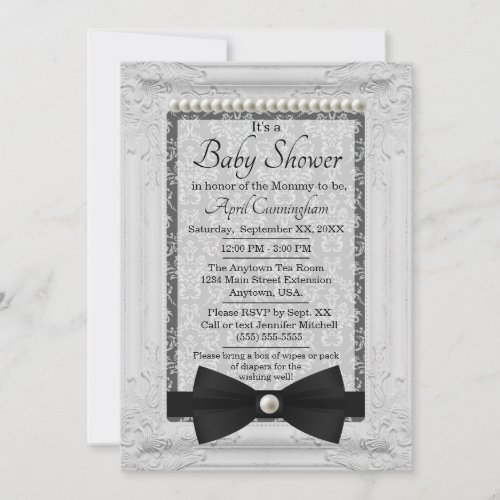Damask Pearls and Bow Tie Baby Shower Invitation