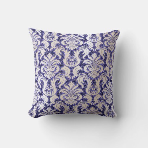 Damask  Pearly Ivory Glitter Blue Navy Indigo Lux Throw Pillow