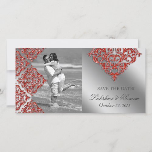 Damask Photo Card Save the Date Sparkle Orange