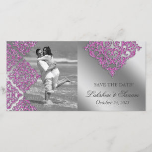Damask Photo Card Save the Date Sparkle Pink