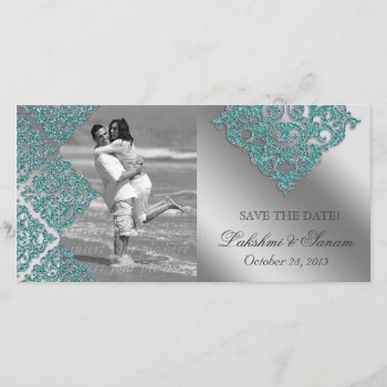 Damask Photo Card Save The Date Sparkle Teal by WeddingShop88 at Zazzle