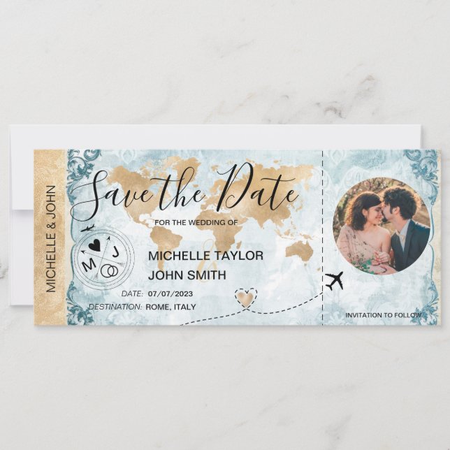 Damask Photo Save the Date Boarding Pass World Map Invitation (Front)
