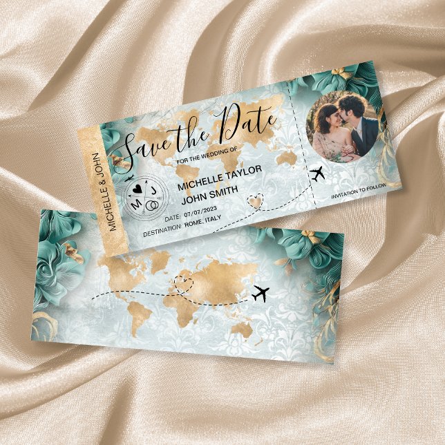 Damask Photo Save the Date Boarding Pass World Map Invitation (Creator Uploaded)