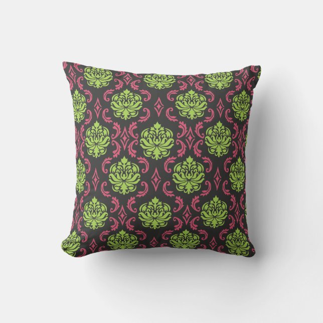 Damask Pillow - Hot Pink, Green and Black Cushion (Front)