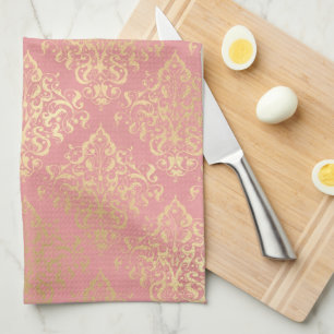 Damask pink and gold elegant vintage Victorian Kitchen Towel