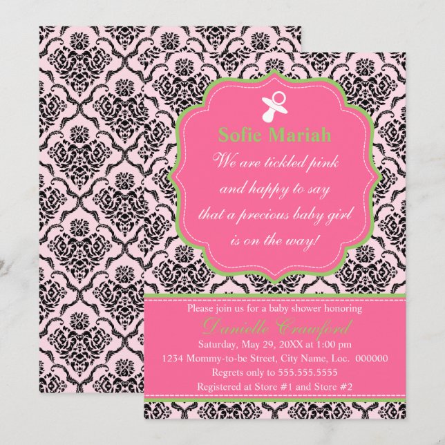 Damask Pink and Green Baby Shower Invitation (Front/Back)