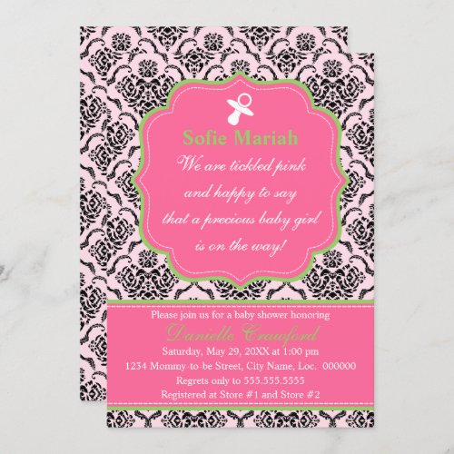 Damask Pink and Green Baby Shower Invitation