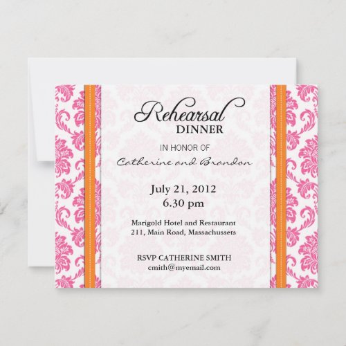 Damask Pink and Orange Rehearsal Dinner Card Invitations