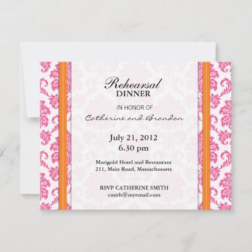 Damask Pink and Orange Rehearsal Dinner Card Invite