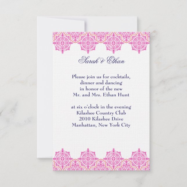 Damask pink and Orange Wedding Reception Cards (Front)