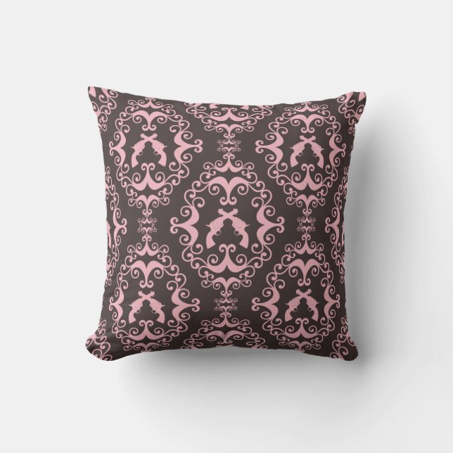 Damask pink black guns grunge western pistols chic throw pillow (Front)