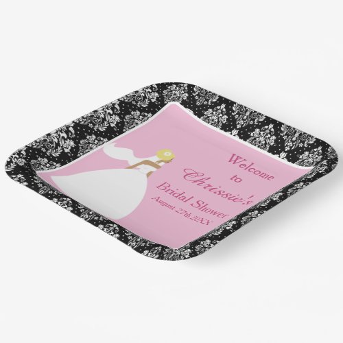 Damask Pink Bride Bridal Shower Paper Plates