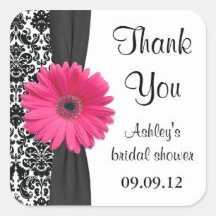 Damask Pink Daisy Wedding Bridal Shower Thank You Square Sticker