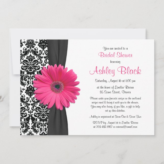 Damask Pink Gerbera Daisy Recipe Bridal Shower Invitation (Front)