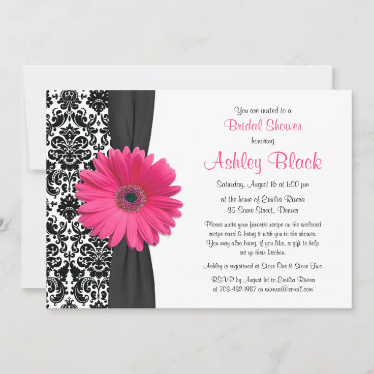 Damask Pink Gerbera Daisy Recipe Bridal Shower Invitation Zazzle