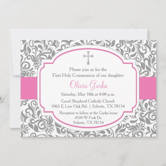 Damask Pink Girls First Communion Card (Front)