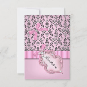 Damask Pink Gray Silver Birthday Party Invitation