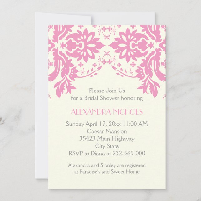 Damask pink, grey, ivory wedding bridal shower invitation (Front)