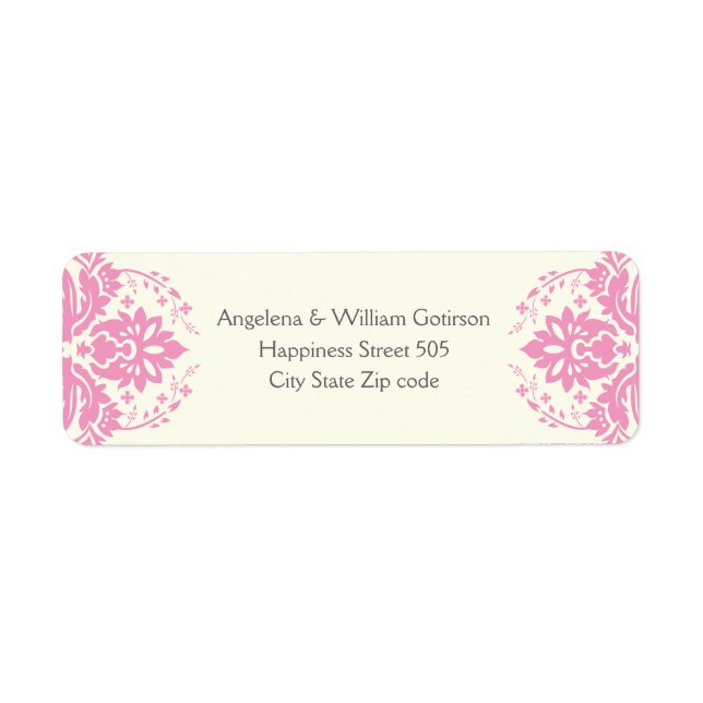 Damask pink, grey, ivory wedding label (Front)