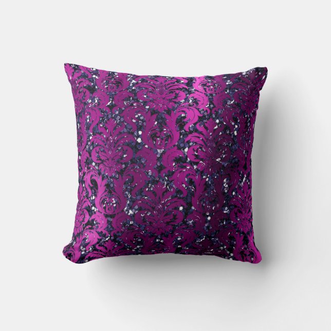 Damask Pink Magenta  Metallic Blue Navy Glitter Throw Pillow (Front)