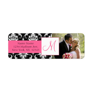 Damask Pink Monogram Photo Wedding Address Labels