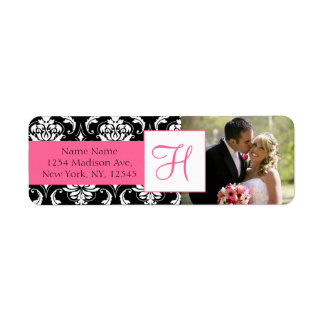Damask Pink Monogram Photo Wedding Address Labels