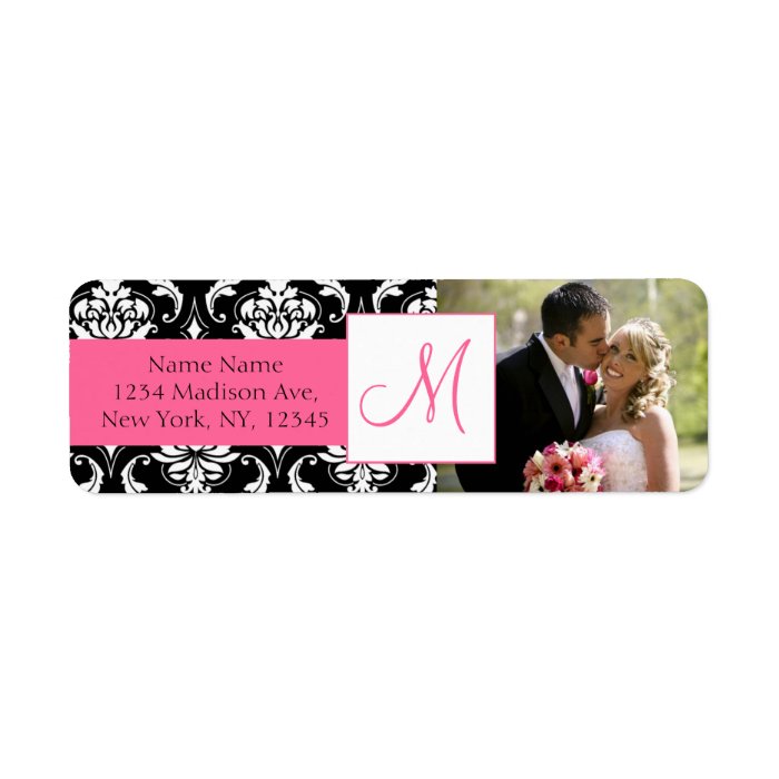 Damask Pink Monogram Photo Wedding Address Labels