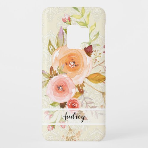 Damask Pink n Ivory Floral Rose n Leaf Foliage Case_Mate Samsung Galaxy S9 Case