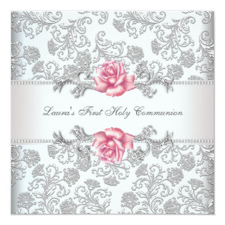 Damask Pink Rose Girls First Communion Card