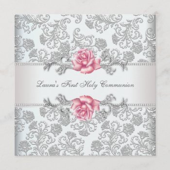 Damask Pink Rose Girls First Communion Invitation by decembermorning at Zazzle