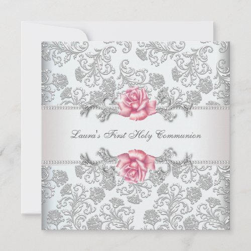 Damask Pink Rose Girls First Communion Custom Invitation