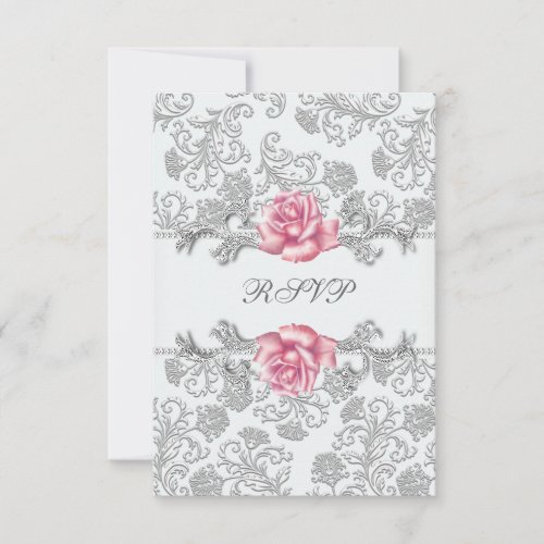 Damask Pink Rose Girls First Communion RSVP