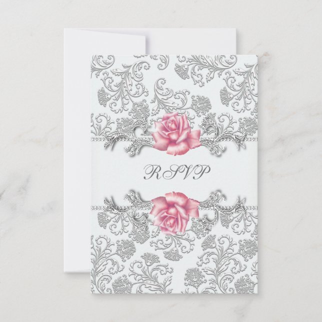 Damask Pink Rose Girls First Communion RSVP Card (Front)