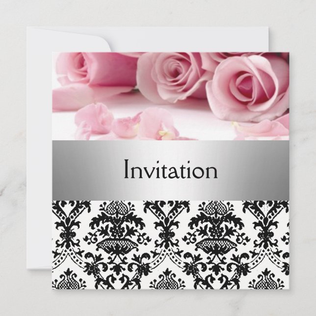 Damask Pink Roses Party Invitation save the date (Front)