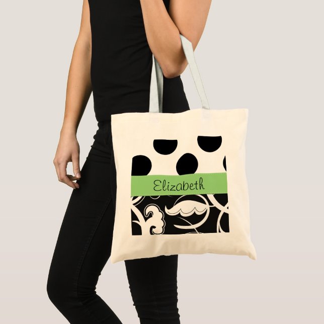 Damask, Polka Dots, Black and White, Your Name Tote Bag (Front (Product))