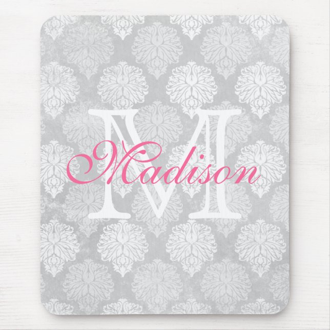 Damask Print Girly Monogram Name Mouse Pad (Front)
