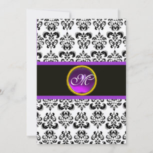 DAMASK PURPLE AMETHYST MONOGRAM,black and white Invitation