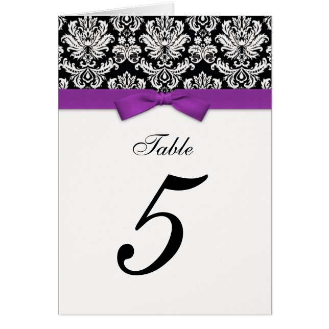 Damask Purple Bow Table Seating Number Cards (Front)