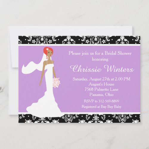 Damask Purple Bride Bridal Shower Invitation