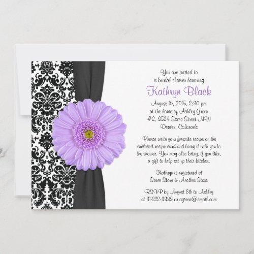 Damask Purple Gerbera Daisy Recipe Bridal Shower Invite
