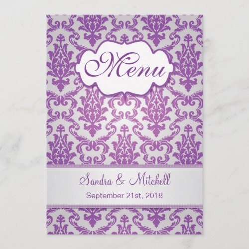 Damask purple on silver Wedding Menu