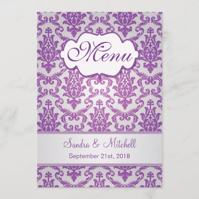 Damask purple on silver Wedding Menu (Front)