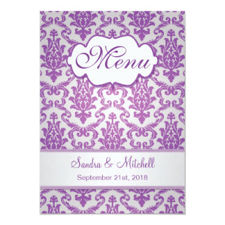 Damask purple on silver Wedding Menu Card